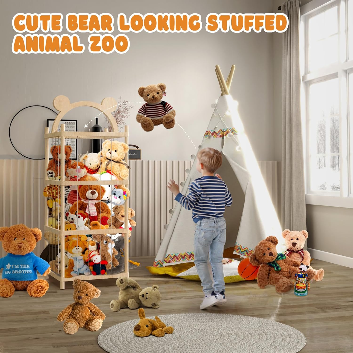 Stuffed Animal Zoo Storage, Large Stuffed Animal Storage Wooden Stuffed Animal Cage Holder Stuff Animal Organizer for Plushies Playroom Bedroom