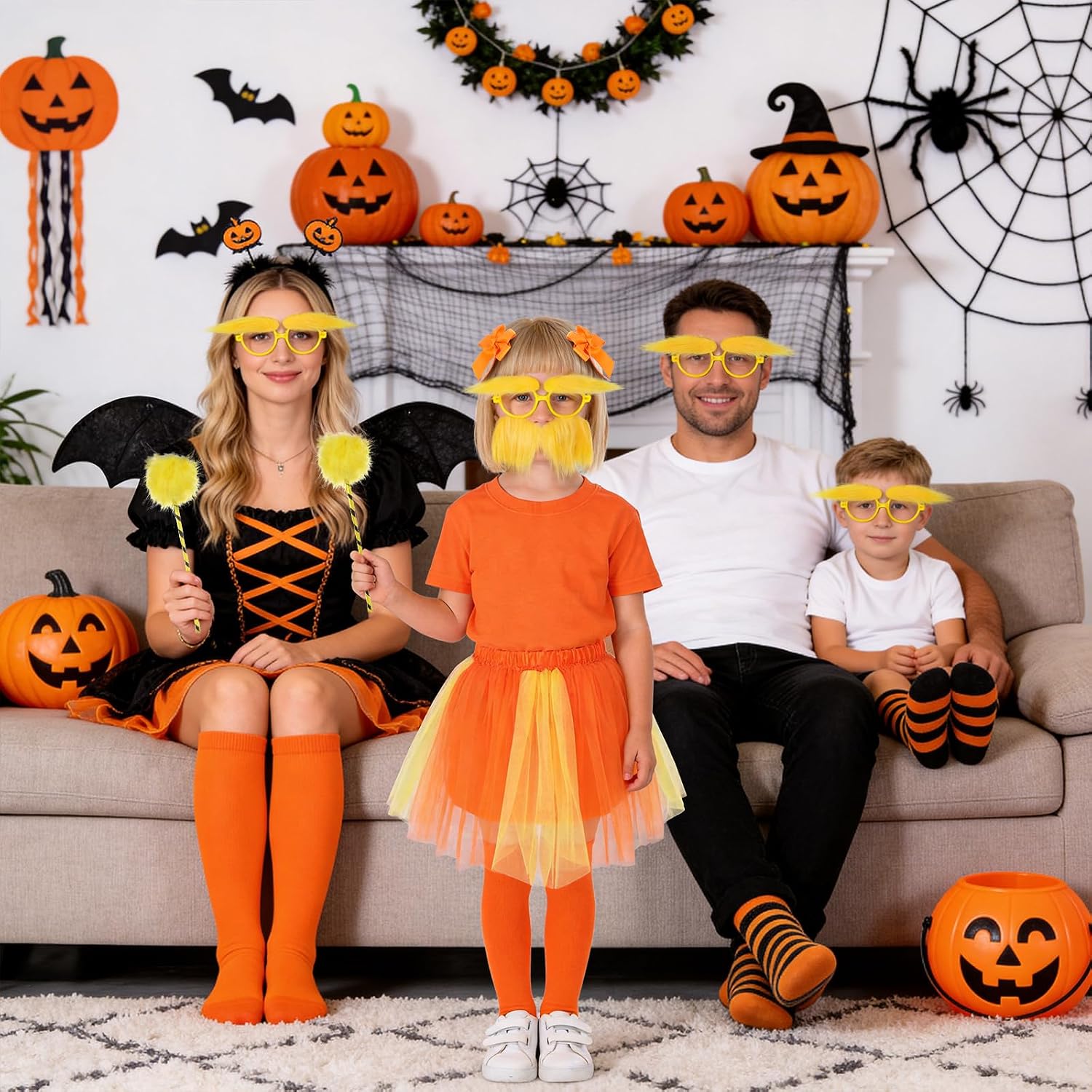 8pcs Orange costume accessories, orange tutu with yellow mustache and eyebrows set for Book Week Halloween Party