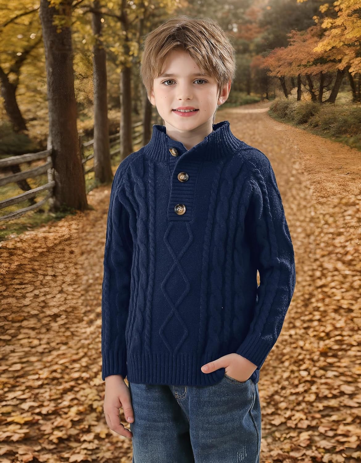 BesserBay Boys Winter Warm Cable Knit Button Down Sweaters Raglan Sleeve Mock Neck Cute Pullover 3-12 Years - Image 2