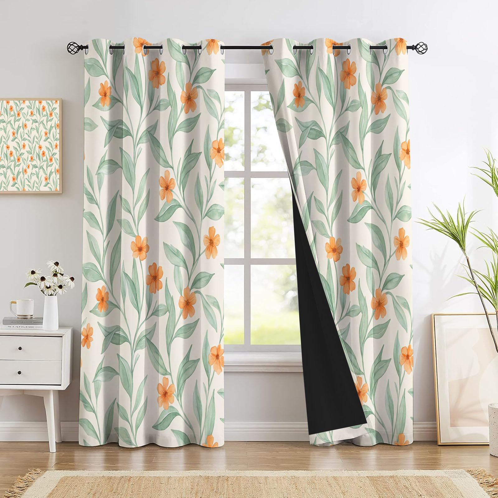 Rideau occultant à motif plantes aquarelle orange et vert