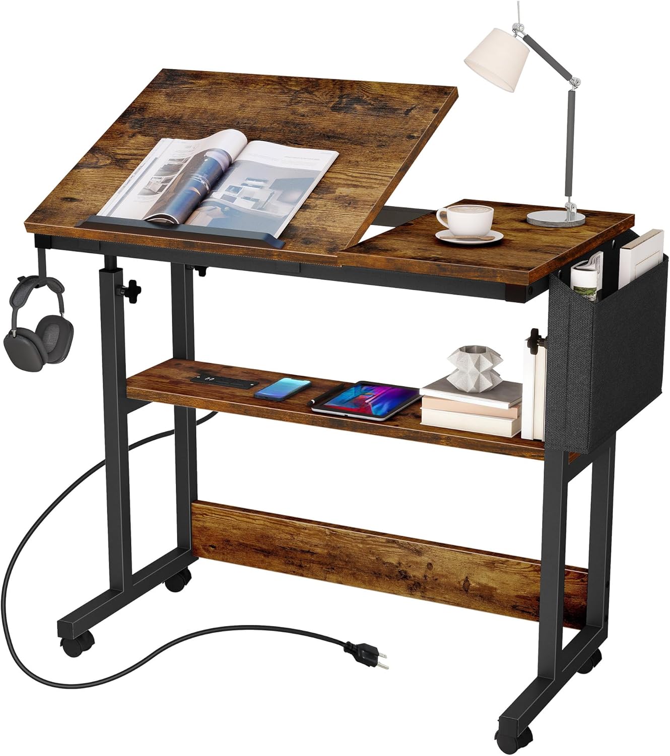 DWVO Height Adjustable Standing Desk with Tilting Top, Charging Station, Wheels & Storage Bag - Compact Drawing Laptop Table (Brown)