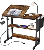 DWVO Height Adjustable Standing Desk with Tilting Top, Charging Station, Wheels & Storage Bag - Compact Drawing Laptop Table (Brown)