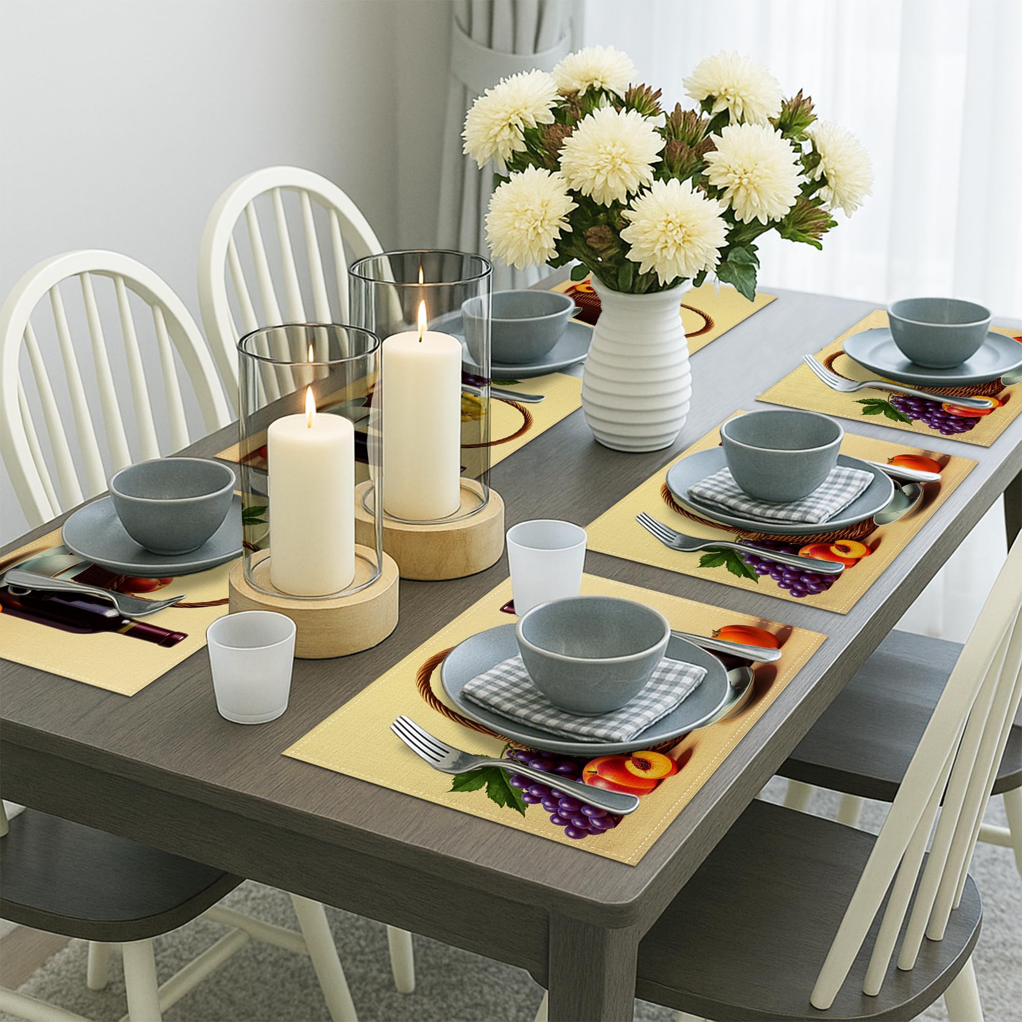 Rustikale Tischsets mit Früchtemotiv, 6er-Set, Vintage-Korbdesign,