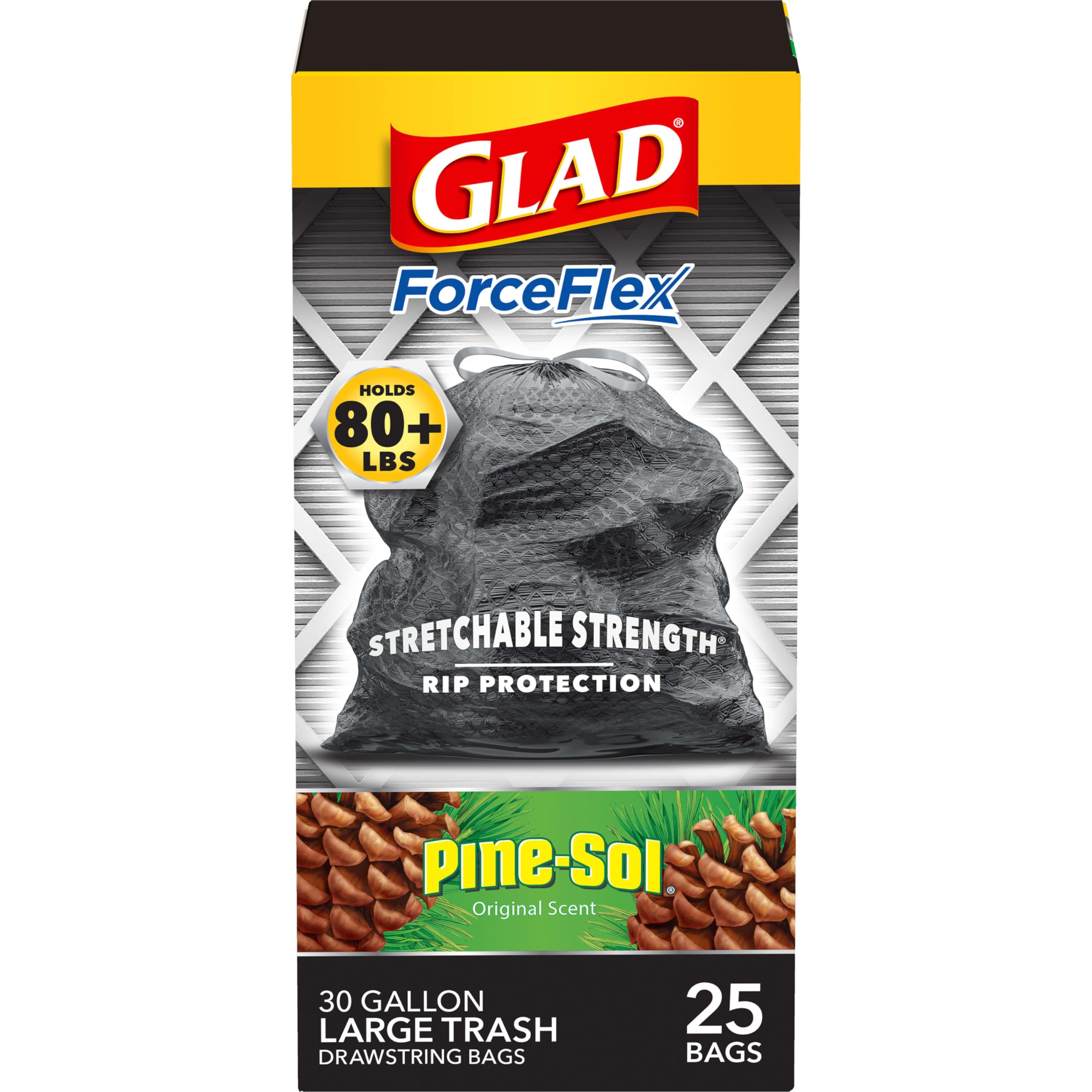 GladTrash Bags, ForceFlex Drawstring Large Garbage Bags, 30 Gal, Pine-Sol Original Scent, 25 Ct, Pack May Vary
