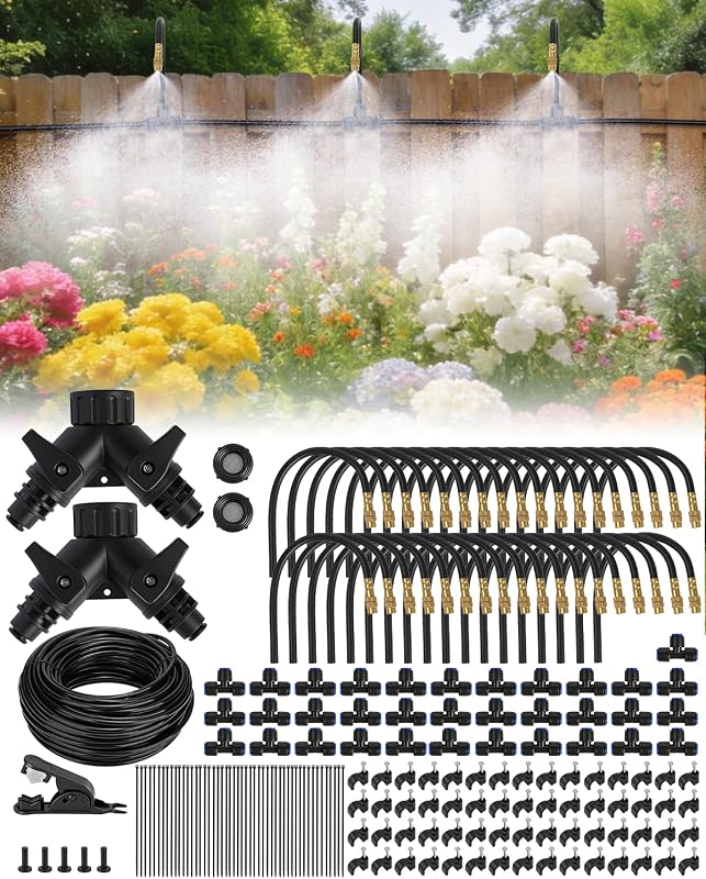 240FT Drip Irrigation System for Garden with 36 Nozzles –360° Adjustable Misting Nozzles, Quick-Connect Design, Ideal for Raised Beds, Lawns, Greenhouses & Outdoor Cooling