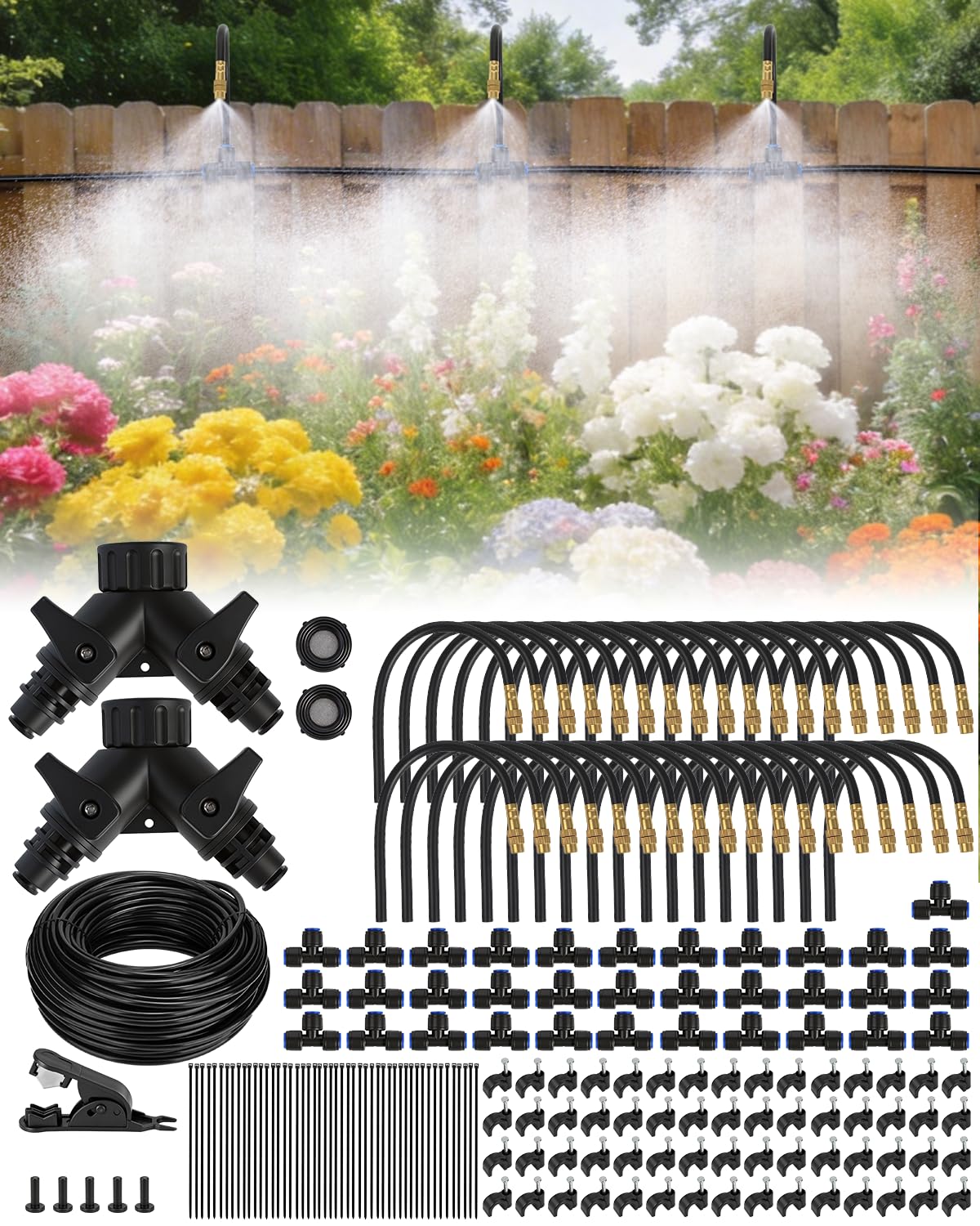 240FT Drip Irrigation System for Garden with 36 Nozzles –360° Adjustable Misting Nozzles, Quick-Connect Design, Ideal for Raised Beds, Lawns, Greenhouses & Outdoor Cooling