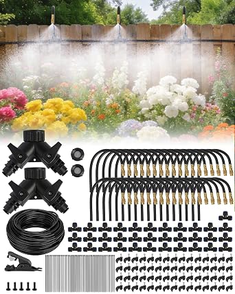 240FT Drip Irrigation System for Garden with 36 Nozzles 360 Adjustable Misting Nozzles, Quick-Connect Design, Ideal for Raised Beds, Lawns, Greenhouses & Outdoor Cooling