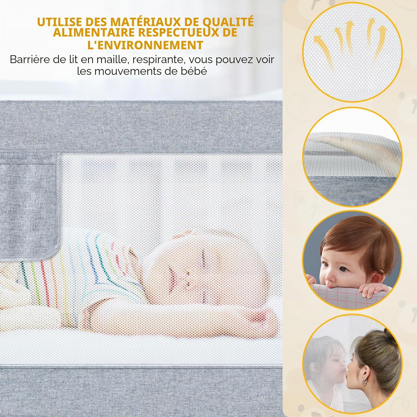 Barrière de lit pour enfant et bébé, 180 cm, protection anti-chute, avec fonction de levage vertical et protection contre les chutes, système d'ancrage renforcé, lit à sommier tapissier