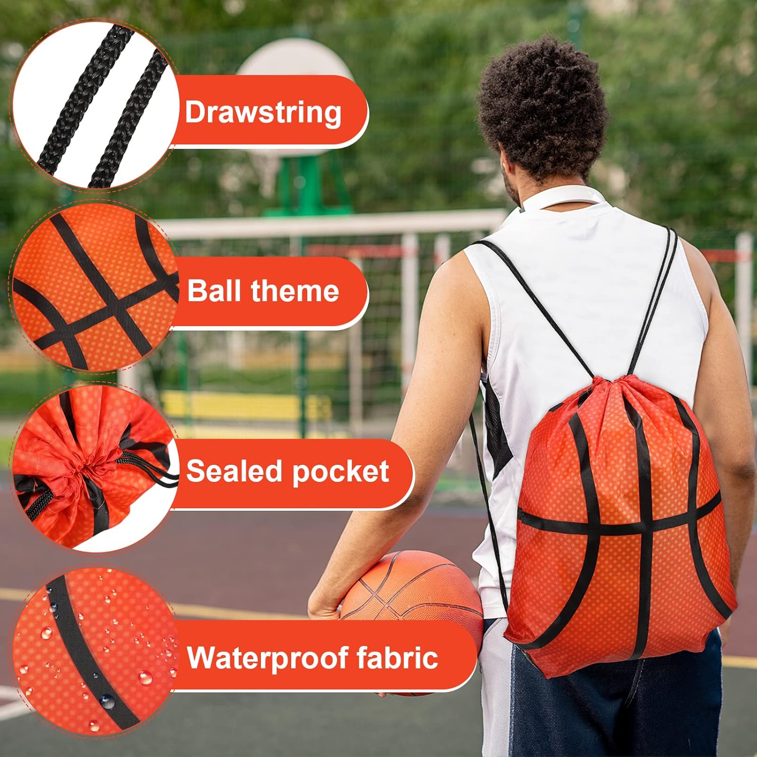 Saintrygo 24 Pieces Soccer Basketball Party Favor Drawstring Gift Bags Sport Cheerleader Bags Football Sport Party Supplies(Basketball Style)