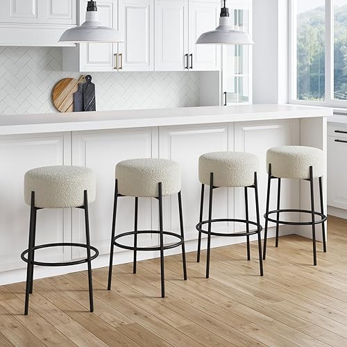 Miniatura 22 de Nathan James Barker Taburete de bar de altura de mostrador de madera maciza con cojín tapizado, taburete de isla sin respaldo con patas de madera de