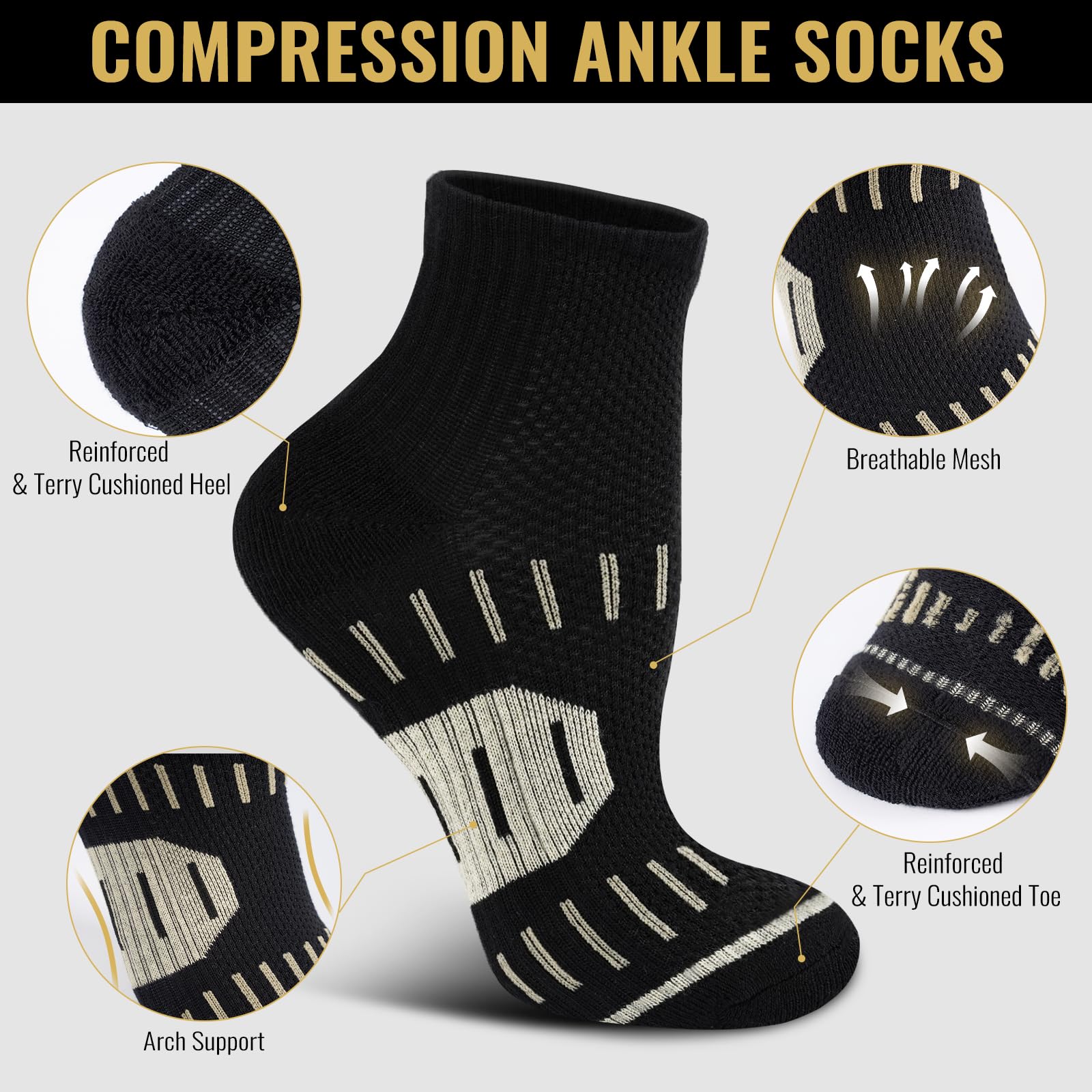 SukModen Copper Ankle Compression Socks for Men and Women(6 pairs), Breathable Arch Support Short Running Socks - 5