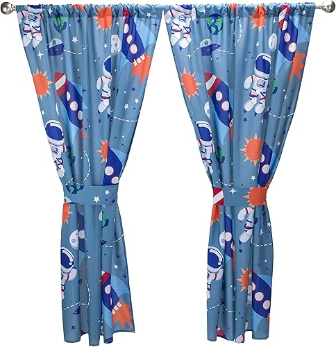 Miniatura 4 de Cortinas para niños para decoración de dormitorio con temática espacial con cohetes, extraterrestres, sol y estrellas 4 cortinas para niños con 2