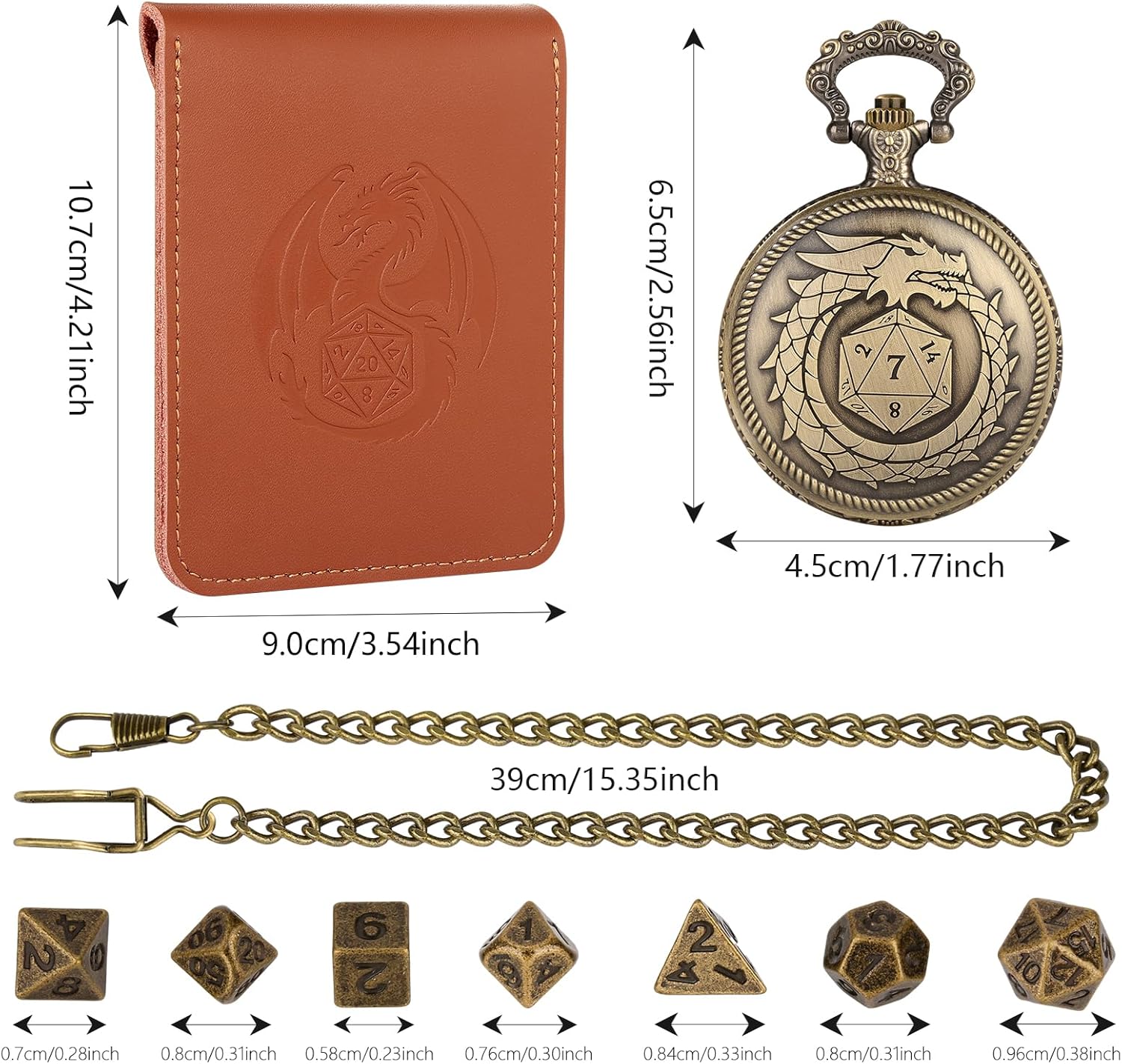 Mini D&D Dice Set with Bronze Steampunk Dragon Swallow Tail Pocket Watch Shell Case, DND Dice Bag, 7pcs Polyhedral Dice Set, Portable DND Starter Set, Board Games Accessories, RPG MTG Gifts