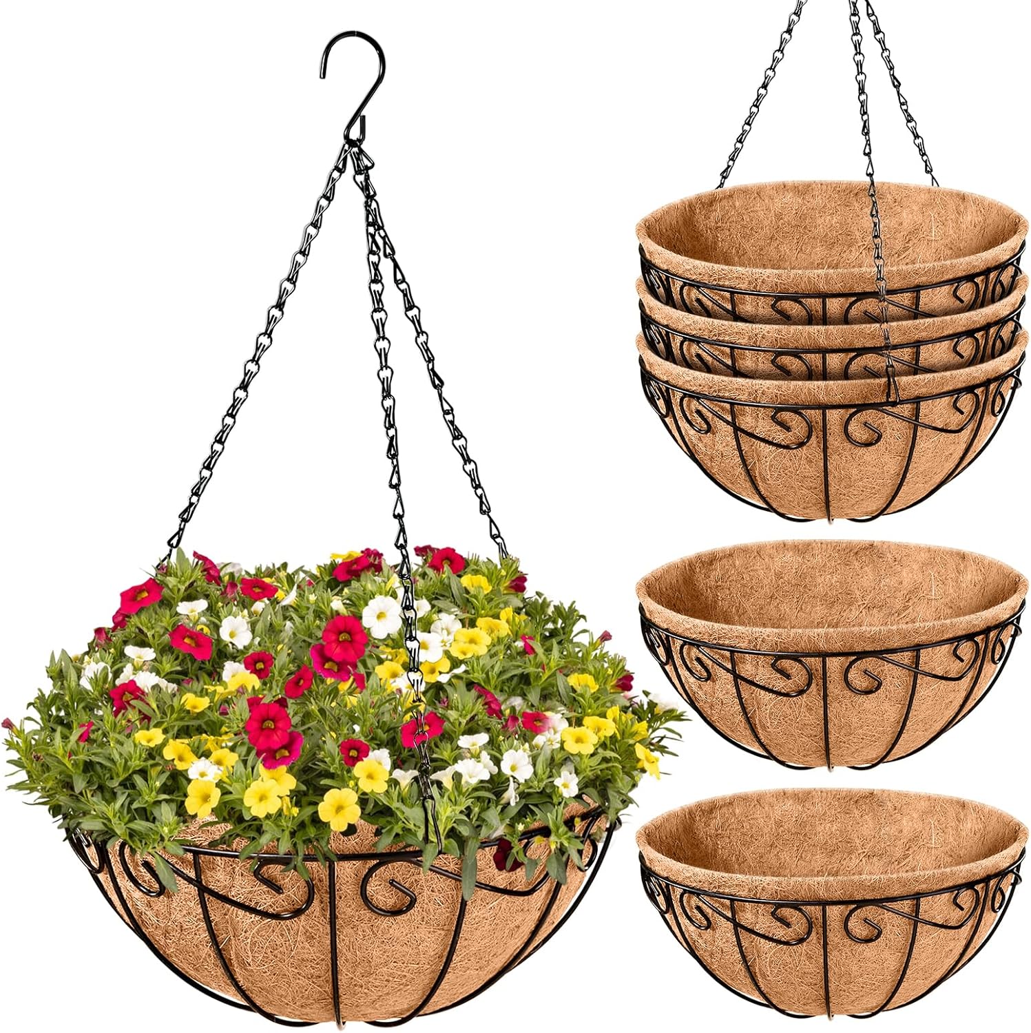 Legigo 6 Pack 14 Inch Metal Hanging Baskets for Plants Outdoor- Round Wire Hanging Planters Basket with Coconut Coir Liner, Hanging Flower Pot for Outdoor Plants Flowers Garden Decorations