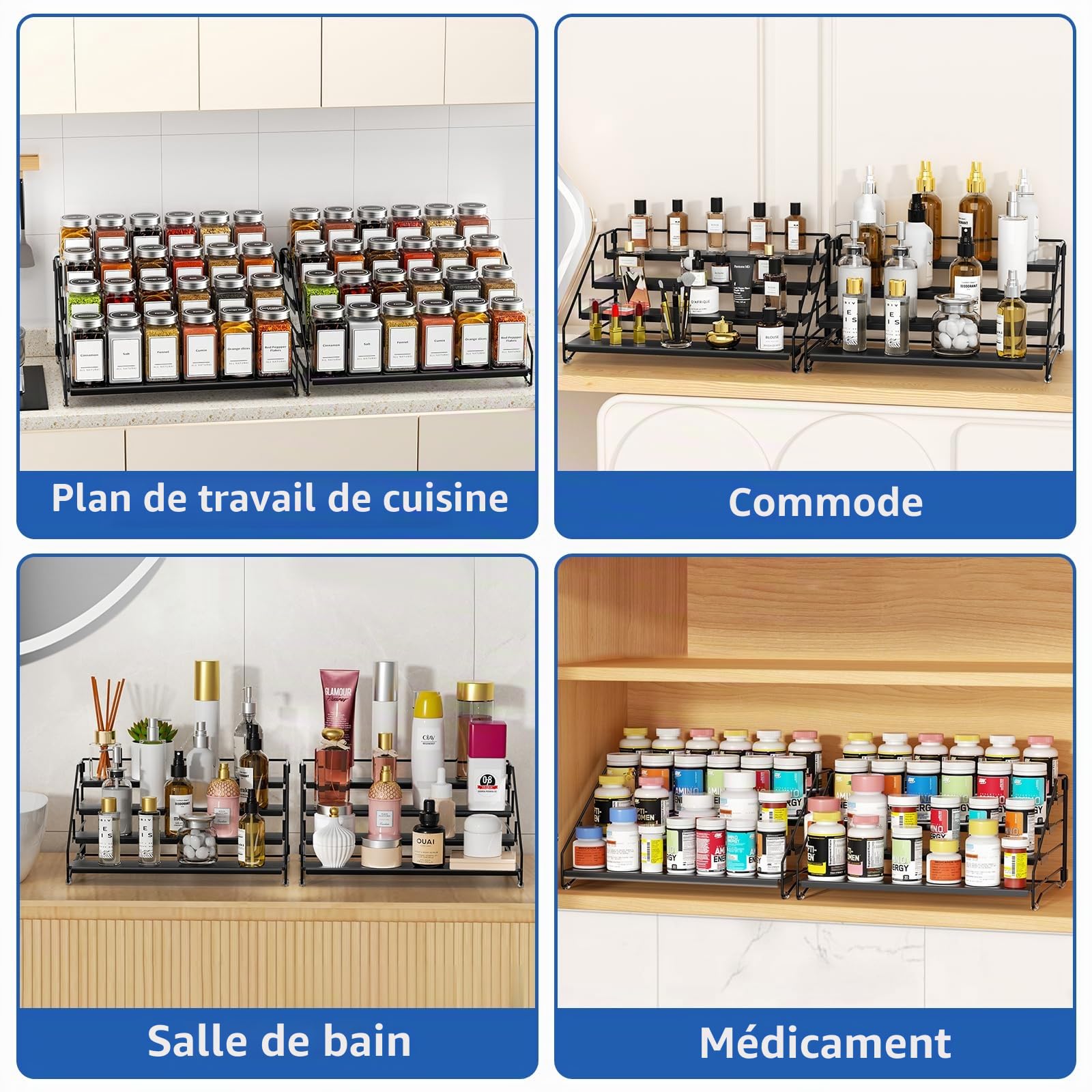 Rangement Epices Cuisine, Organisateur de Placard 4 Niveaux, Étagère à Étpices de Extensible pour Placard, plan de travail, Cuisine, Porte-Épices en Métal, Noir Lot de 2