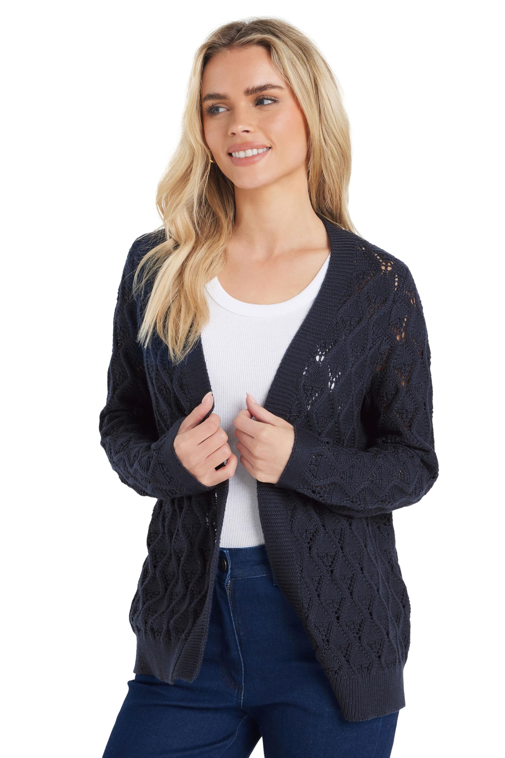 M&Co Women's Dark Navy Petite Crochet Cardigan In | Size: 12/14