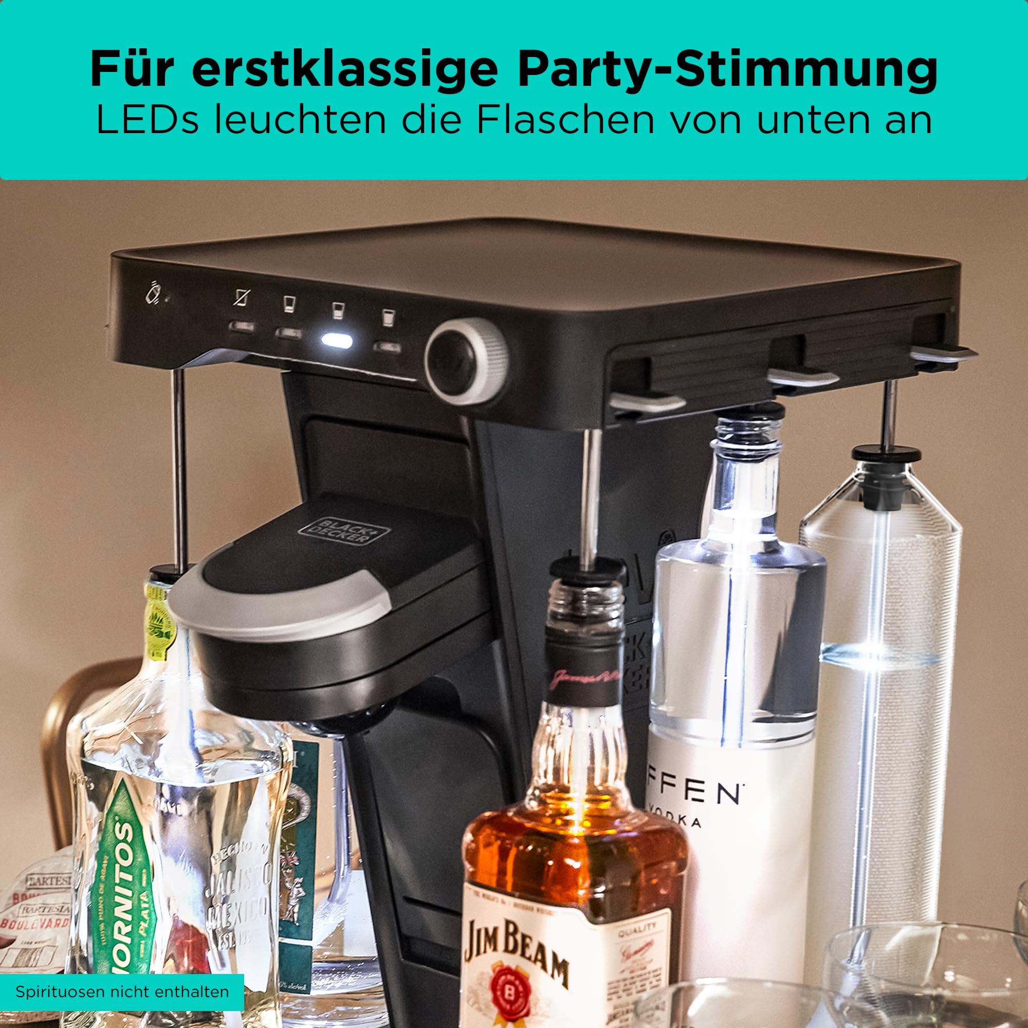 BLACK+DECKER BEV Cocktail-Maschine (individuelle Cocktails auf Knopfdruck, Platz für 5 Spirituosen, Getränkestärke einstellbar, mit Reinigungsmodus & LED Beleuchtung im Party-Modus) BEHB101