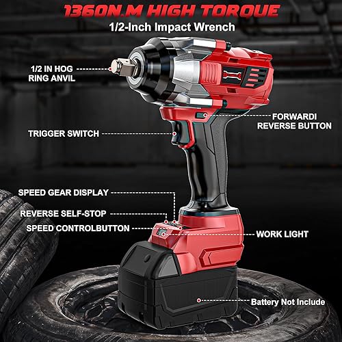 Miniatura 8 de Llave de impacto inalámbrica de 1/2" Compatible con batería Milwaukee de 18V, controlador de impacto de alto par de 1000 pies-libra (1360 N.m),