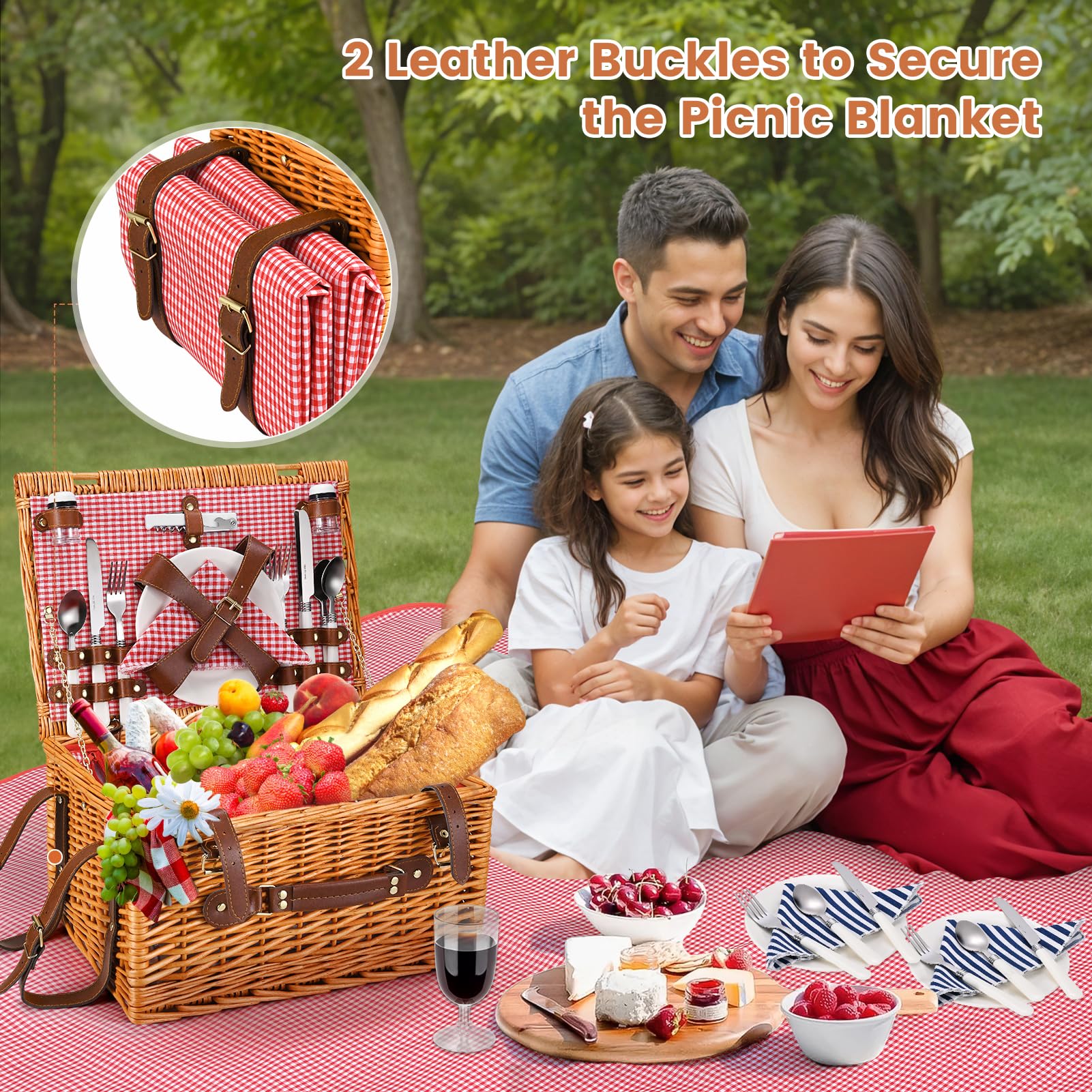 Juego de Cestas de Picnic de Mimbre para 4 Personas, con Compartimento Refrigerante, Manta Impermeable, Platos, Vasos, Cubiertos, para Acampada, Excursiones (Rojo, Hebillas de Cuero)