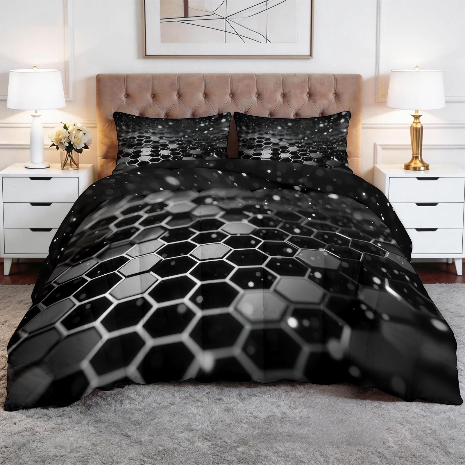 Piumino 4 Stagioni 150x200 cm Forme geometriche nere esagoni Trapunta Copriletto Imbottito Leggero in Microfibra Soffice, Trapuntino Stampa Reversibile Estate e Inverno