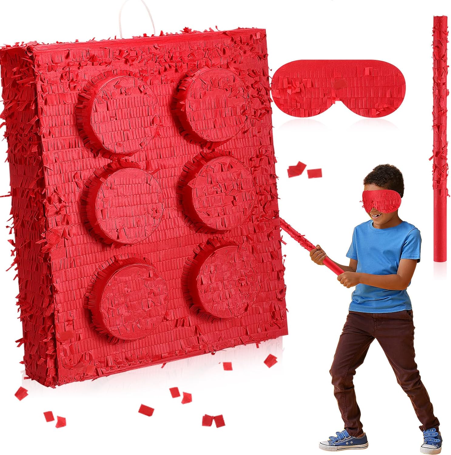 20 Inches Large Piñata for Birthday Party with a Blindfold and Bat Piñata Birthday Party Decorations for Kids Anniversary Game Supplies(Red Block)