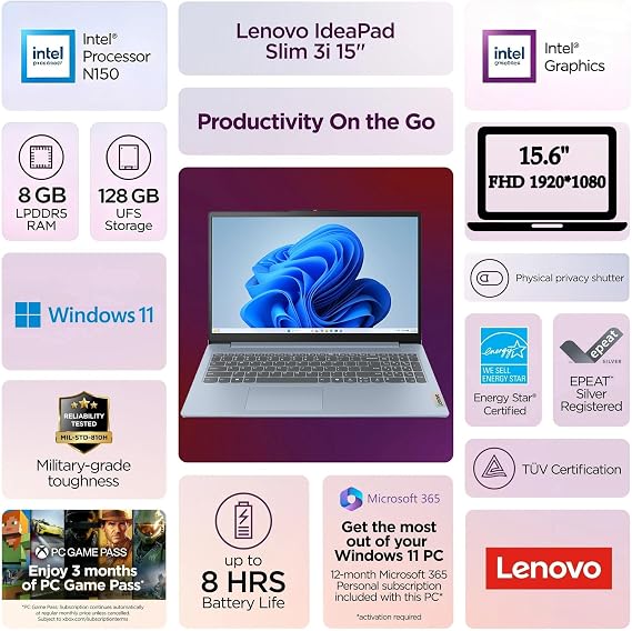 Lenovo Essential 15.6 FHD Laptop, Intel Processor, 8GB DDR5, 128GB Storage