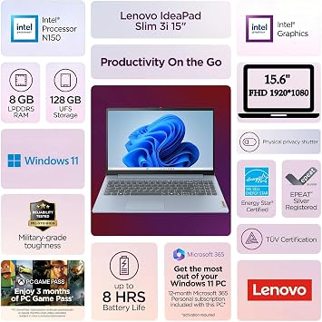 Lenovo Essential 15.6 FHD Laptop, Intel Processor, 8GB DDR5, 128GB Storage
