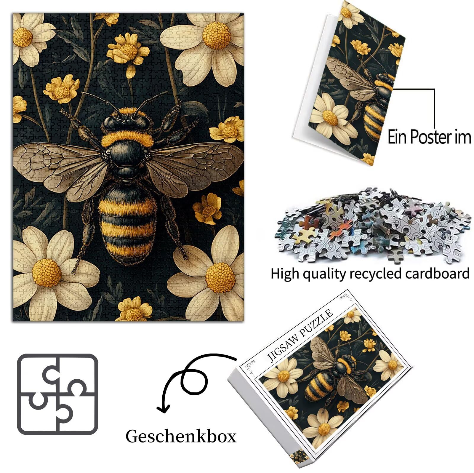 Puzzle 2000 Teile Erwachsene, Blumen Puzzle Biene Muster Design, Groß Holzpuzzle Erwachsene 100x70cm Geschicklichkeitsspiel Teile mit Geschenkboxverpackung for Wanddeko Wohnzimmer, Geschenke, Model886