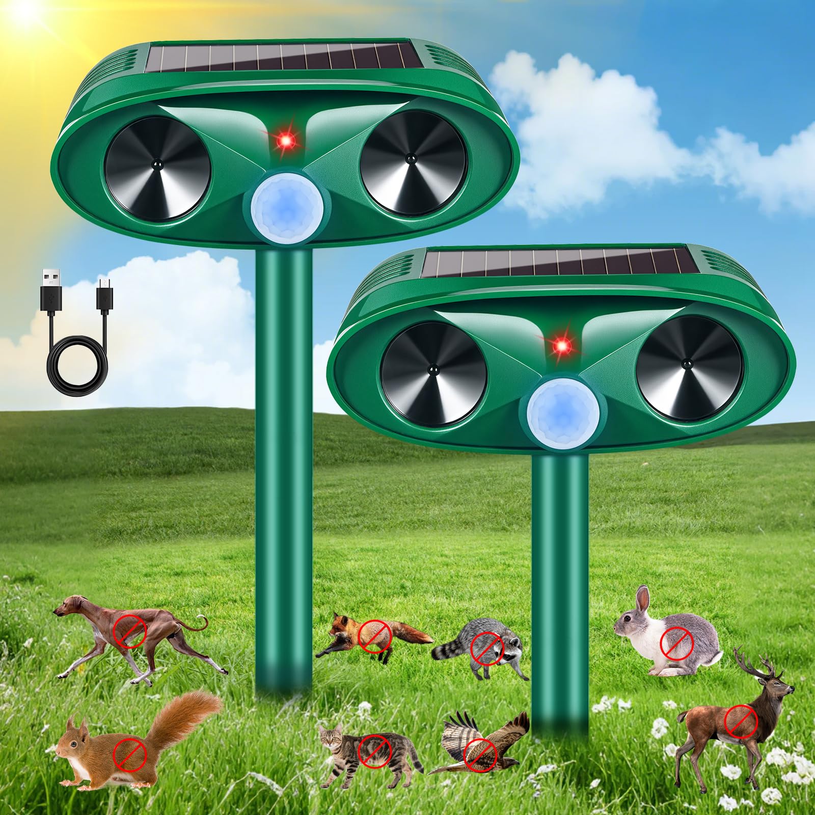 2 Pack 2025 Solar Ultrasonic Repellent Outdoor Deer Repellent Devices Motion Detection Cat Squirrel Skunk Repellent for Yard Waterproof Animal