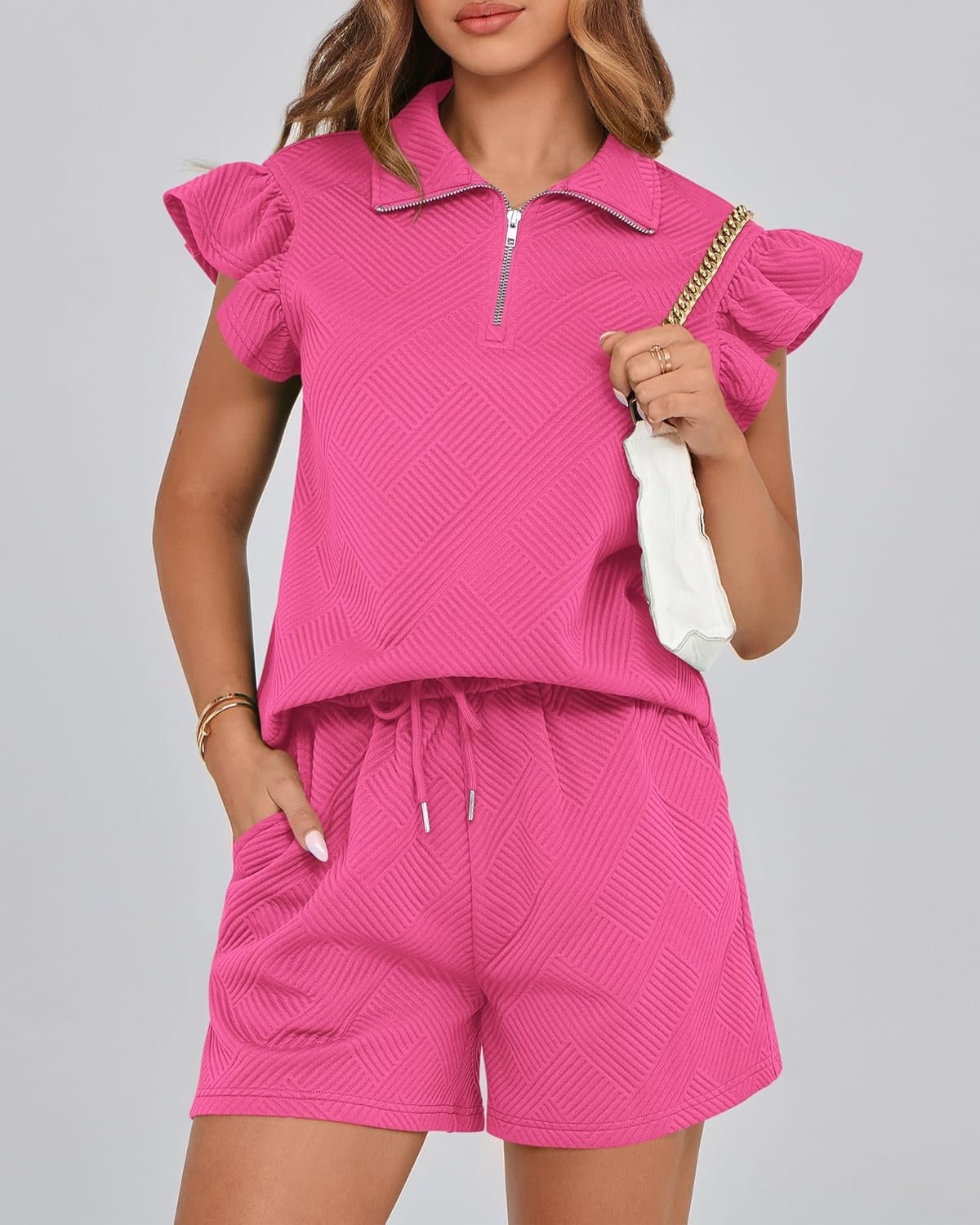BTFBM Womens 2 Piece Outfits Spring Sweatsuit Zipper V Neck Casual Ruffle Cap Sleeve Tops Drawstring Shorts Lounge Sets
