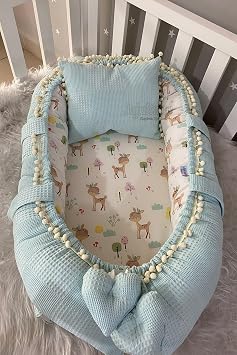 Nest Blue Wafle Pike Fabric Deer Design Pompom Jaju-babynest Mothers Side Baby Bed