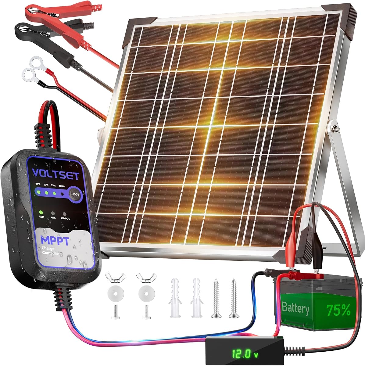 Voltset 12V 20W Solar Panel Battery Charger with LCD Voltage Tester for Car