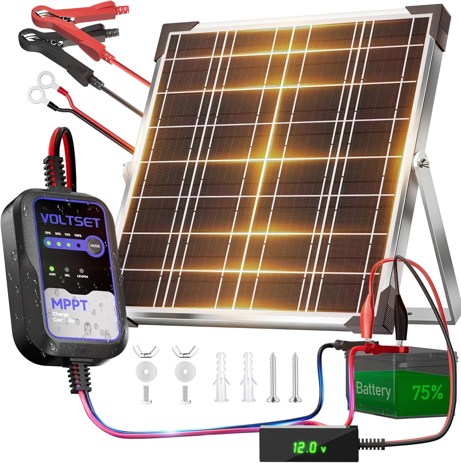 Voltset 12V Solar Battery Charger with LCD Voltage Tester - 20W Solar Trickle Charger with Smart MPPT Controller - Waterproof Battery Maintainer for Boat Marine Trailer RV Lawn Mower