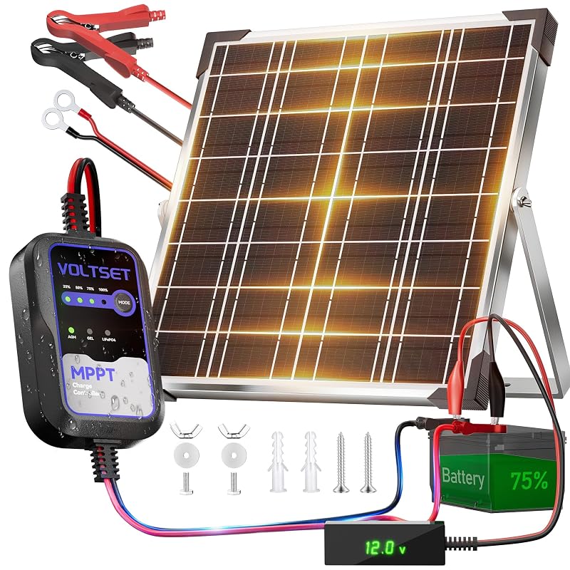 Painel solar 12 V 20 W com carregador de bateria, controlador MPPT e testador de tensão LCD Voltset VS20MPPT-Voltage Tester