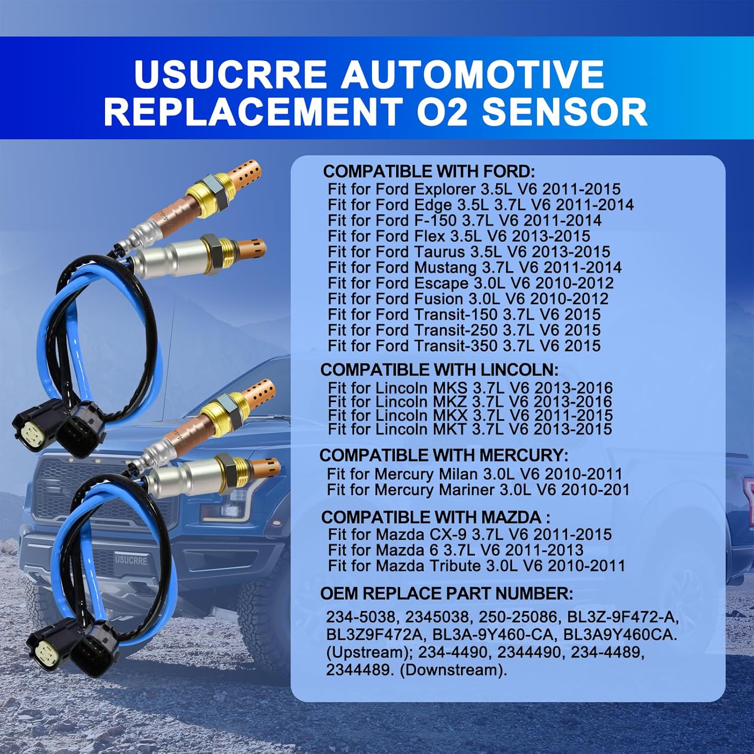4Pcs O2 Oxygen Sensor OE 234-5038 234-4490 Upstream Downstream Automotive 02 Sensors Compatible with Ford Explorer F150 for Mustang/Edge/Escape/Fusion/Flex/Taurus MKZ MKX MKT MKS 2010-2016
