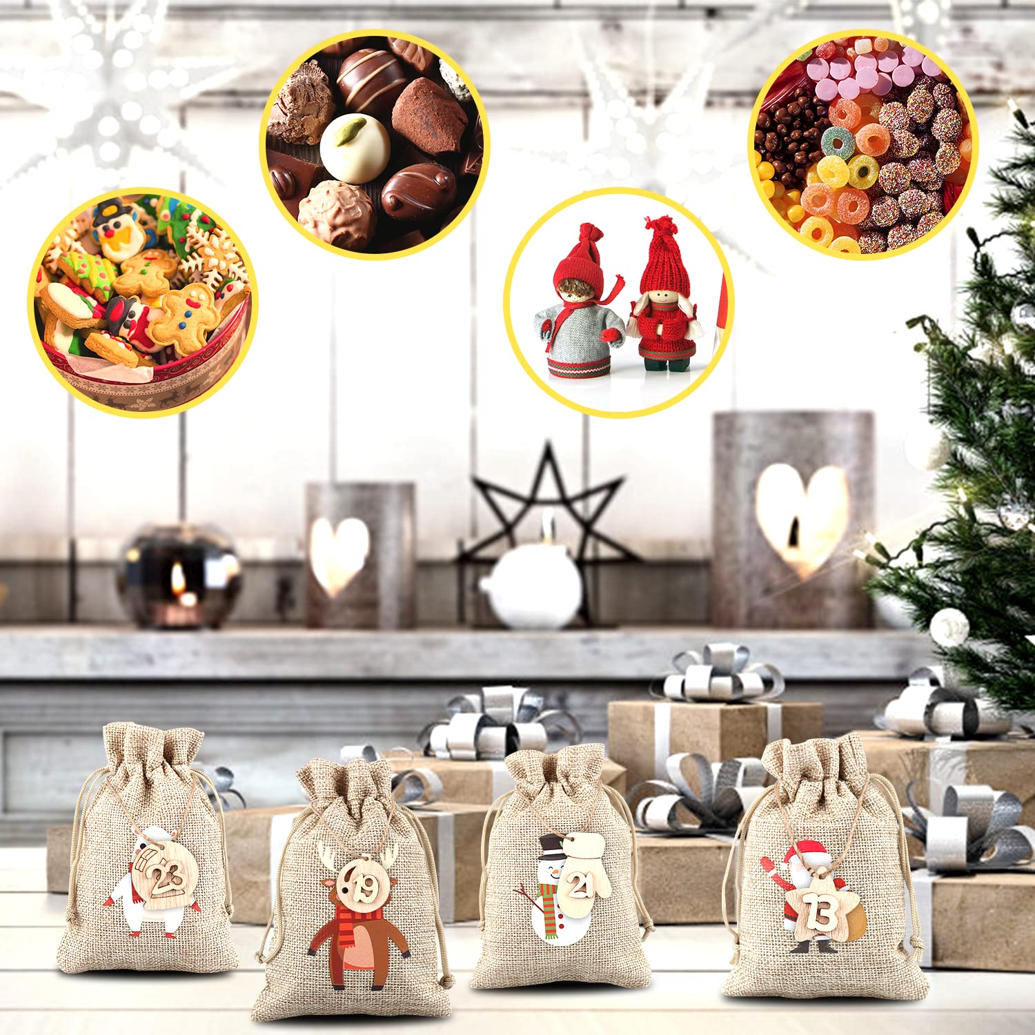 Decorazione Natale Personalizzata Calendario Dell'Avvento Fai Da Te - 24 Sacchetti Natalizi Con Numeri E Clip In Legno Per Regali Decorazione Natale Iuta - 9