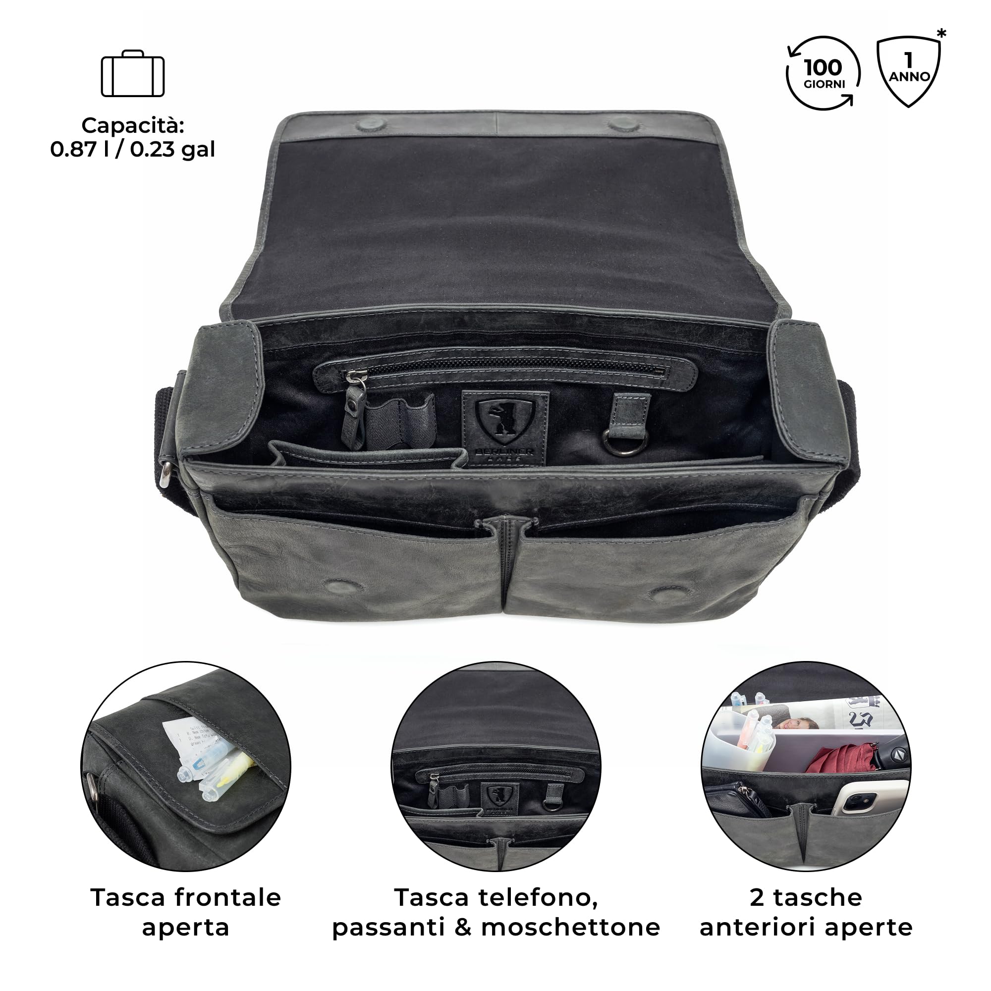 Berliner Bags Borsa da Lavoro X-Berg in Vera Pelle con Chiusura Magnetica, Formato Medio per Ufficio e Quotidianità, Uomo e Donna – Grigio Scuro
