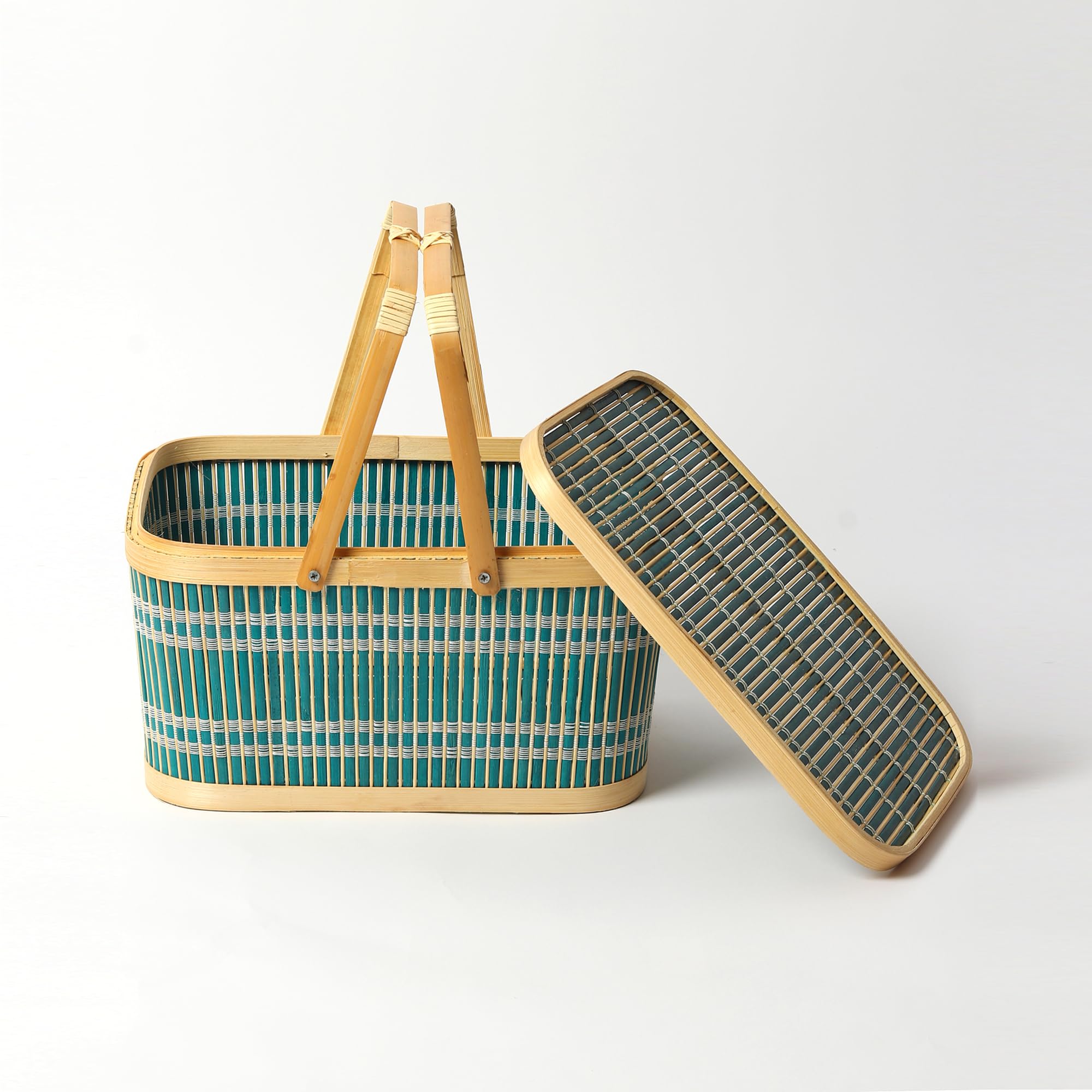 Habere India-All the Cultures Fabricating India Basket for Lunch | Bamboo Picnic Basket with Top Handle | Wicker Morden Picnic Baskets Ideal for Outdoor Dining and Family Picnics (Green) 3