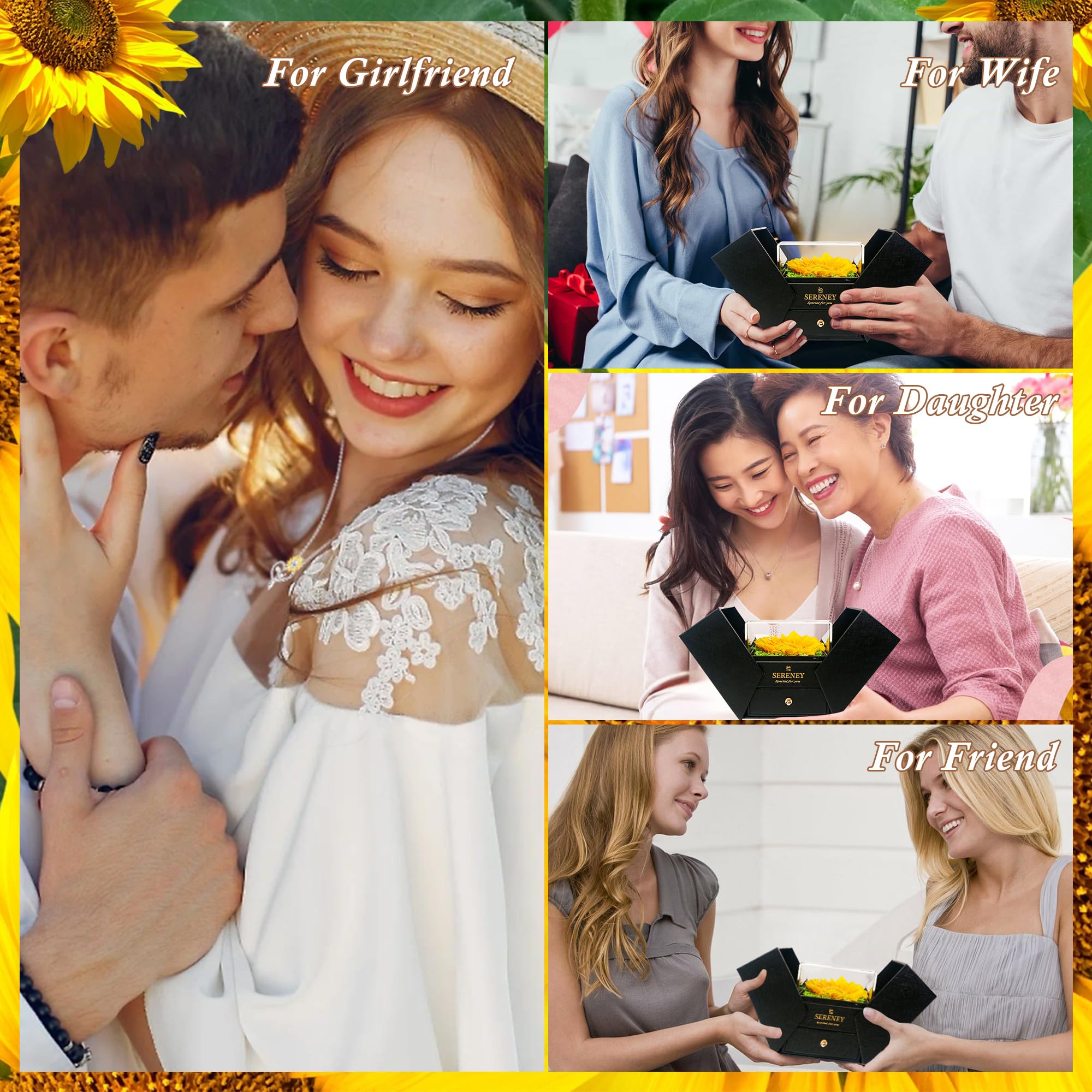 Sereney Preserved Sunflower Gifts for Women, Sunflower Necklace You are My Sunshine as Christmas Day Gift for Her, Silver Necklace Anniversary Birthday Gifts for Wife Daughter Girlfriend