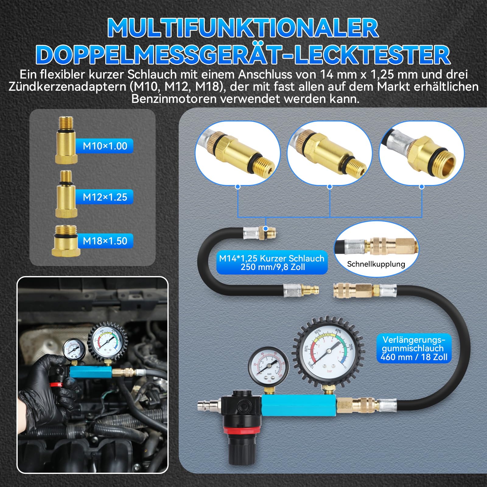 Set di 47 tester di compressione per motori a benzina e diesel, 0-50 bar, tester di compressione diesel a doppio manometro, per motori HDI, TDCi e pompa