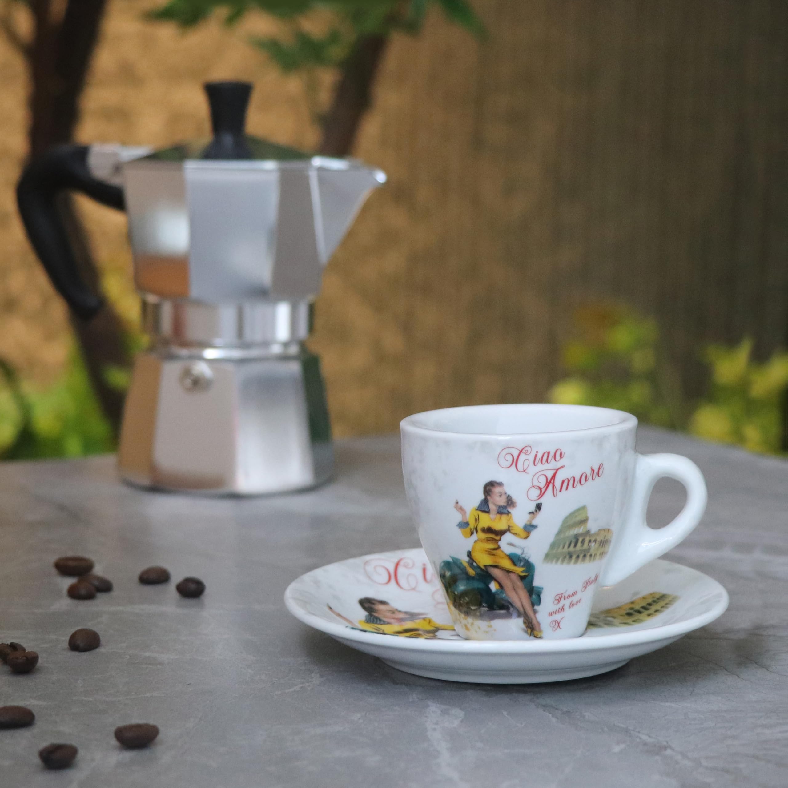 Lorren Home Espressotassen und Untertassen aus Porzellan, Vespa-Szenen-Design, 85 ml, 6 Stück