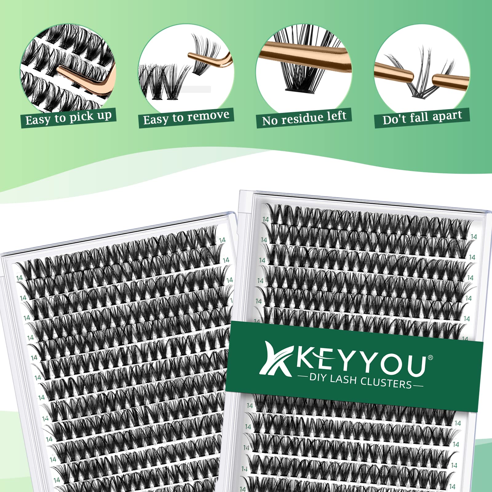 KEYYOU Wimpern Extensions 300pcs Cluster Lashes 40D D Curl 14mm Einzelne Wimpern Volume Natürlich Sanft Wimpernverlängerung（40D-D-14）