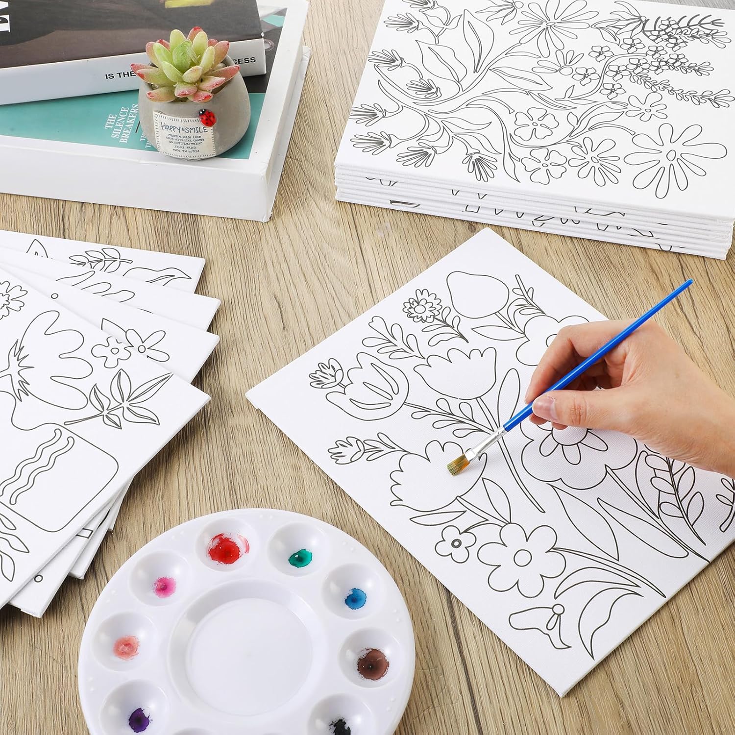 Sherr 20 Pcs Stretched Pre Drawn Canvas Afro Queen Black Art for Painting for Adults Outline Pre Drawn Stretched Cotton Canvas to Paint Party Set, 8 x 10''(Floral)