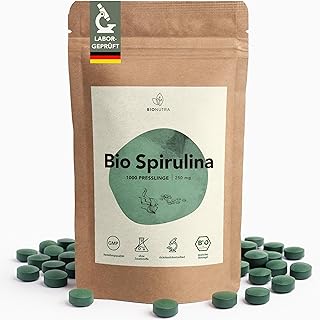 BIONUTRA® Bio Spirulina Tabletten – 1000 Presslinge à 250 mg, nach EU-ÖKO-Standard hergestellt, rückstandskontrolliert, ohne Zusätze, vegan, laktose- & glutenfrei, aus reinem Spirulina Bio Algenpulver