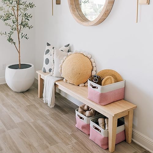 Vista 89 de OrganiHaus - Canastas de almacenamiento estrechas, 15 x 06 pulgadas, pequeñas, para estantes, armarios, baños, organizador de tela con asas, Beige