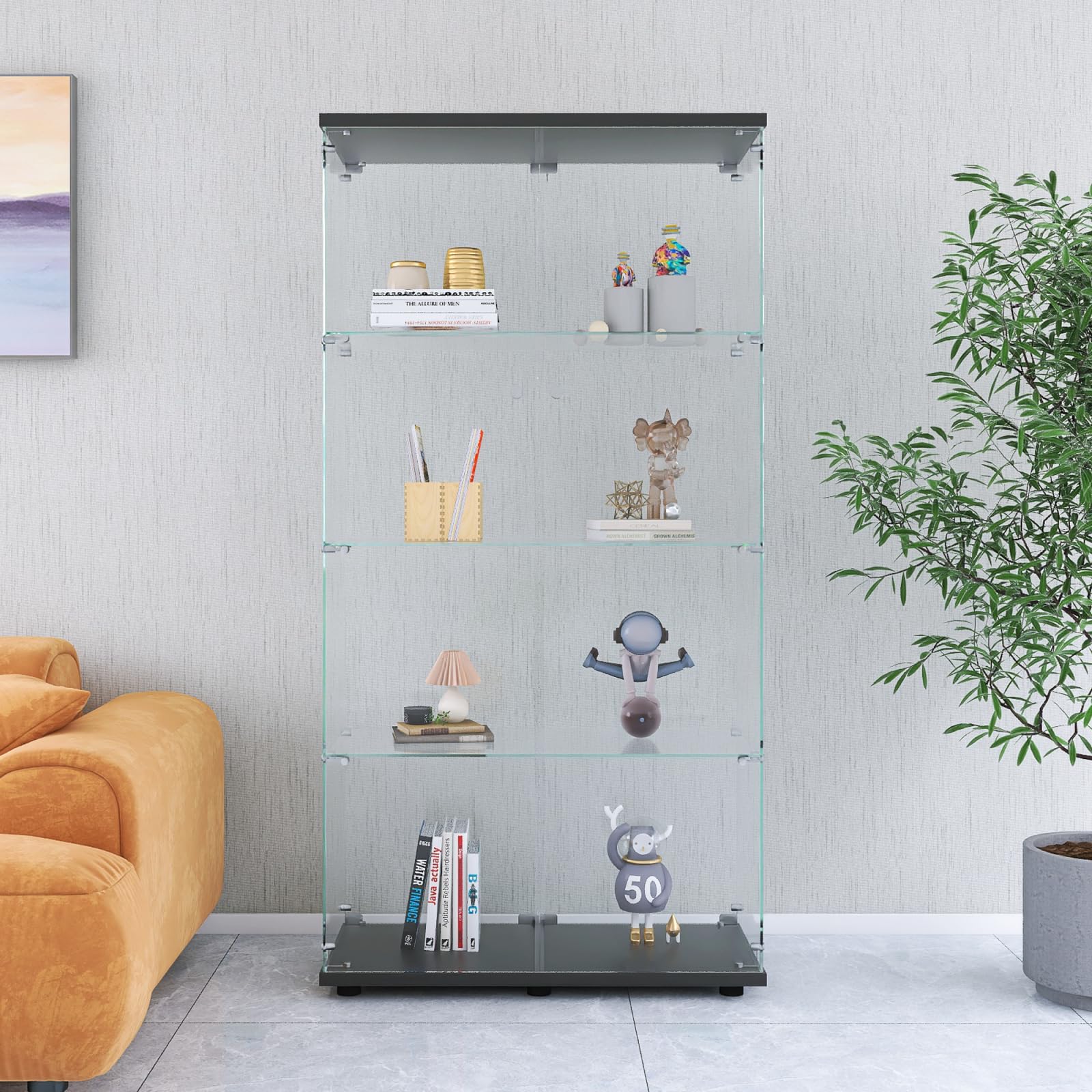 Vitrine en verre debout avec 2 portes, 4 étagères, avec éclairage LED et serrure, pour objets de collection, livres, vin, pour salon, chambre à coucher, bar, cuisine (noir + LED)