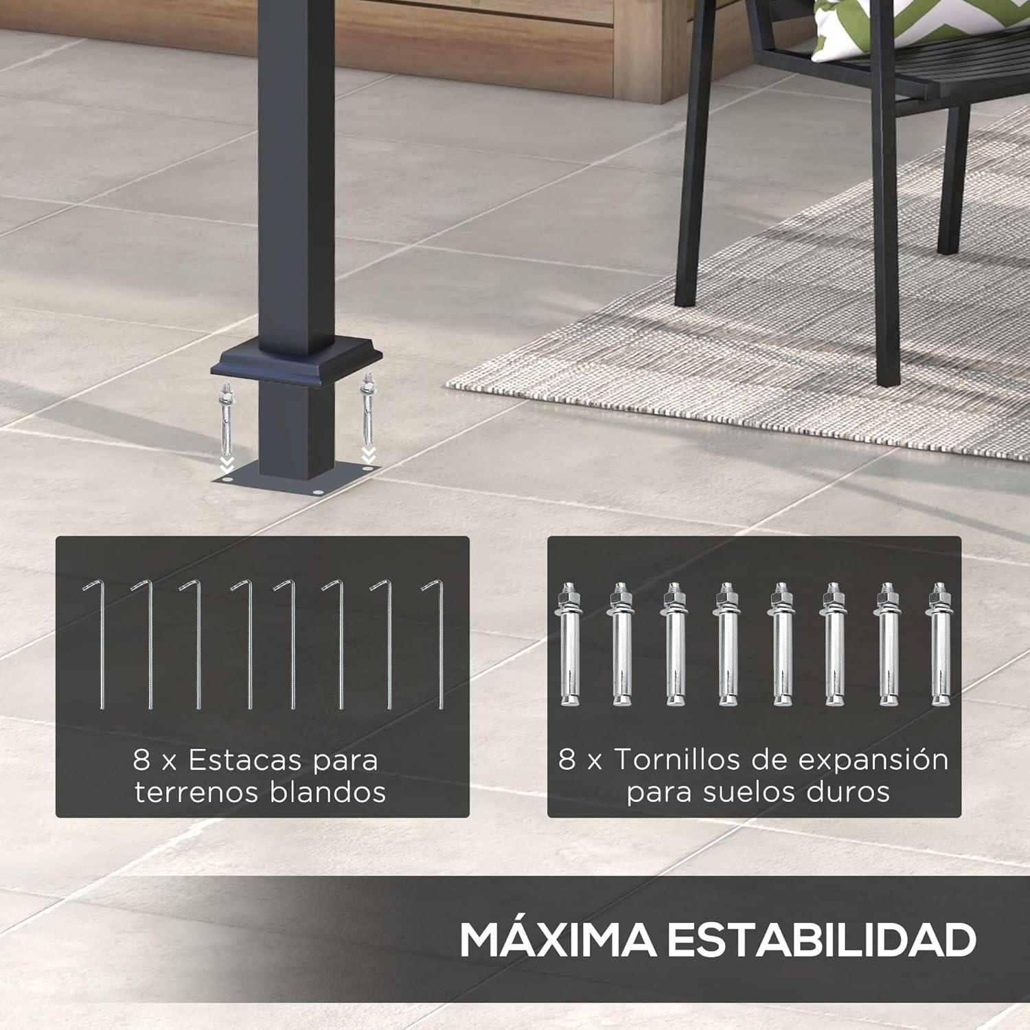 Image showing 8 ground nails for soft ground and 8 expansion screws for hard ground, used for securing the pergola.