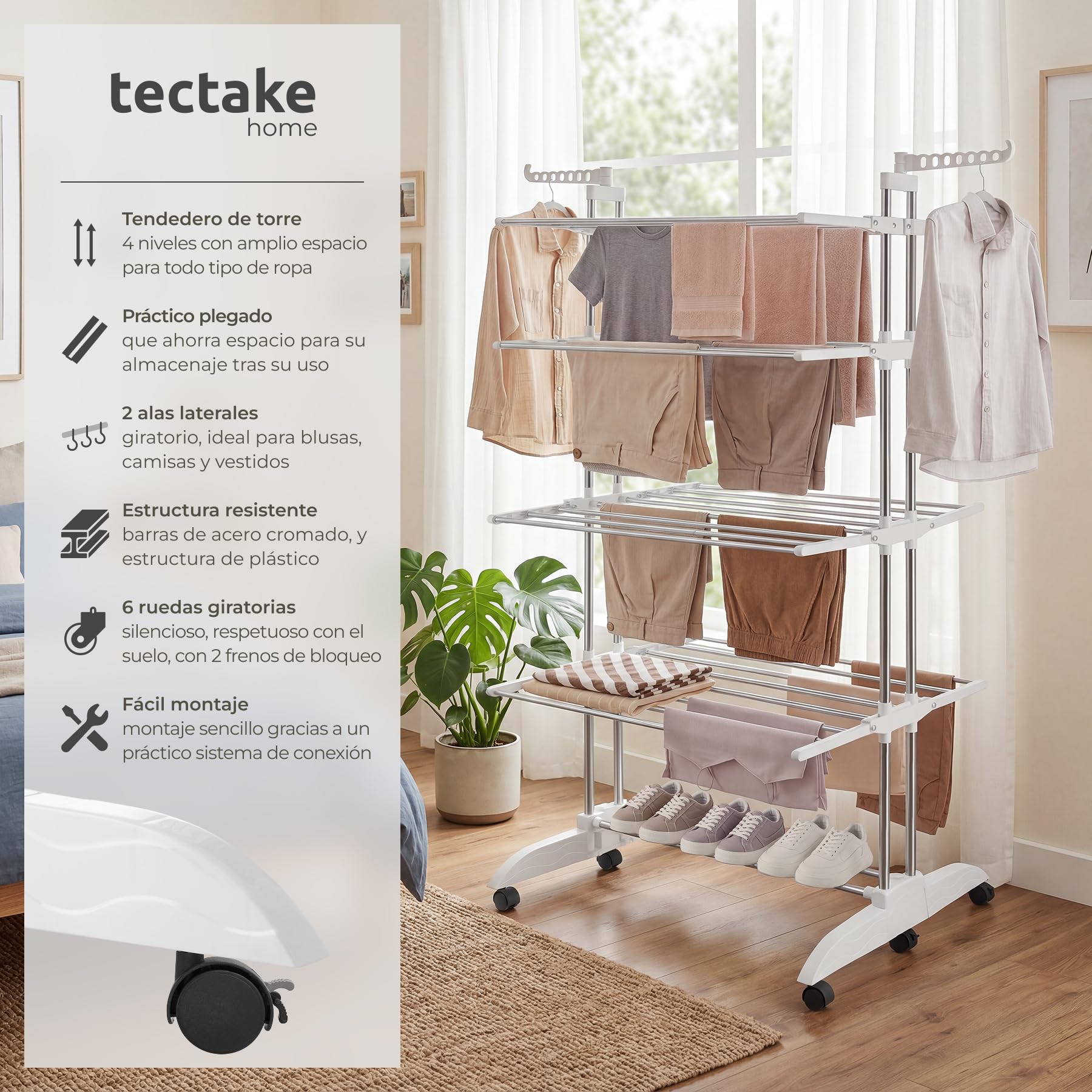 tectake® Tendedero de Torre 4 Pisos Plegable con Ruedas y Alas Abatibles