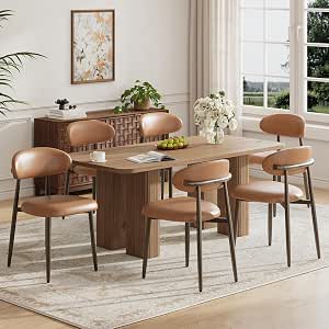 MALOL Set of 6 Modern Upholstered Dining Chairs, Curved Back with Metal Legs, Brown