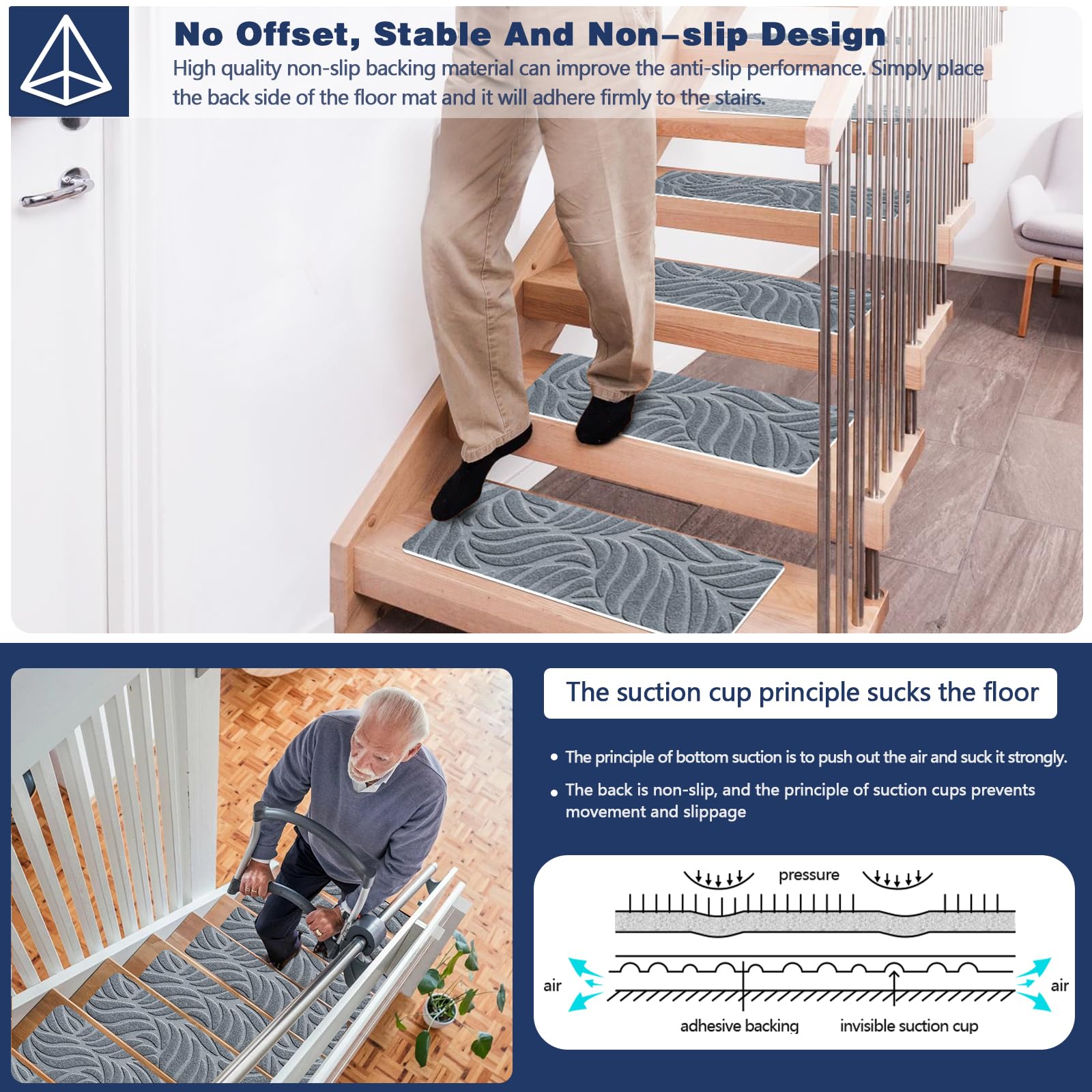 Lot de 7/15 tapis d'escalier antidérapants pour marches en bois – 55 x 18 cm – Auto-adhésif – Tapis de couloir d'intérieur de sécurité pour enfants, personnes âgées et chiens